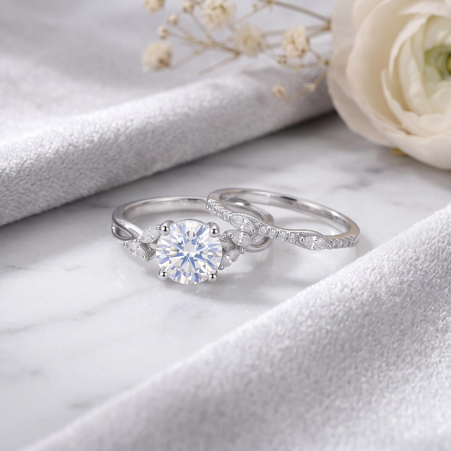 1-4/5 Carats Round Cut Moissanite Engagement Ring Sets for Women,18K White Gold Platinum Plated Infinity Wedding Rings Sets With Leaf S925 Stackable Bridal Ring Sets Gift for Anniversary Wedding