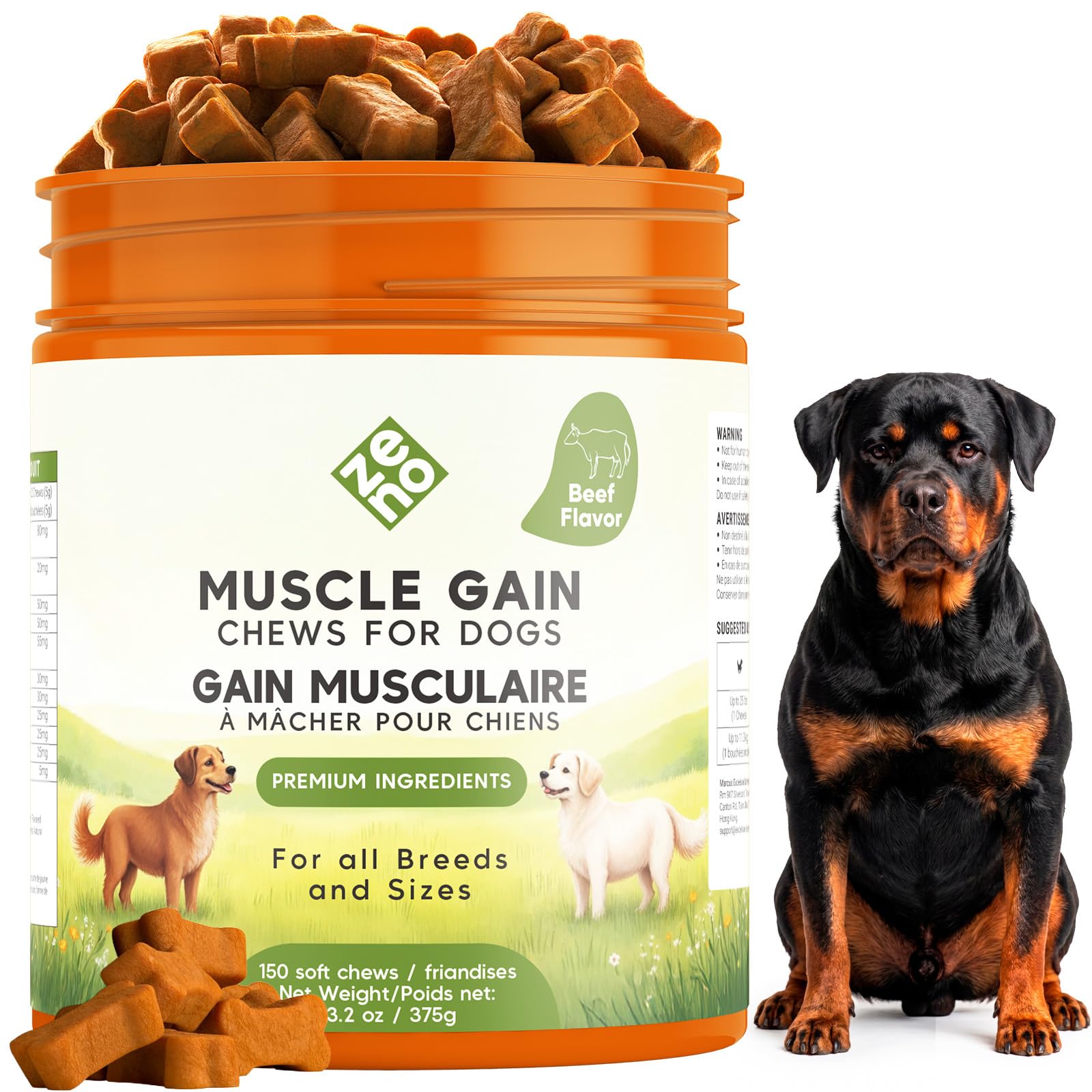 ZENO 11-in-1 Weight Gain Food for Dogs - Appetite Stimulant with High Calorie & Protein - Premium Dog Muscle Builder for All Breeds - Healthy for Puppies - 150 Chews - Beef