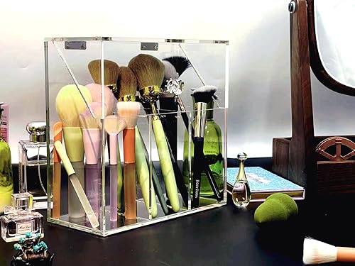 Miniatura 6 de VASERDDY Organizador de maquillaje acrílico, caja de almacenamiento de brochas cosméticas transparente con 3 soportes para cepillos, soporte para