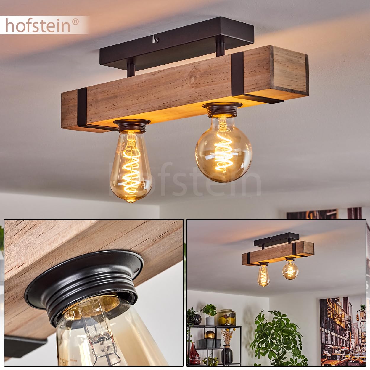 Lámpara de techo Montgomery, lámpara de techo moderna de metal/madera en color negro/natural, luminaria de diseño industrial con vigas de madera, 2 luces, 2 x E27, sin bombillas