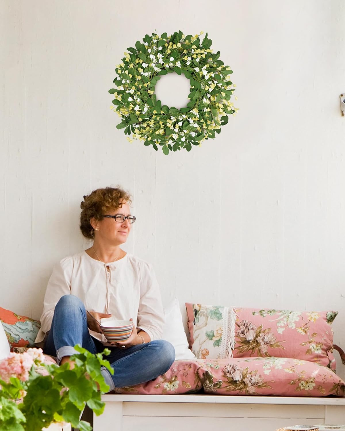 Vlorart Eucalyptus Wreath, 24 Inch Spring Summer Artificial Eucalyptus Floral Wreath with Yellow and White Blossoms for Front Door, Window, Wall, Porch, Farmhouse, All-Season Indoor Outdoor Home Decor - Image 8