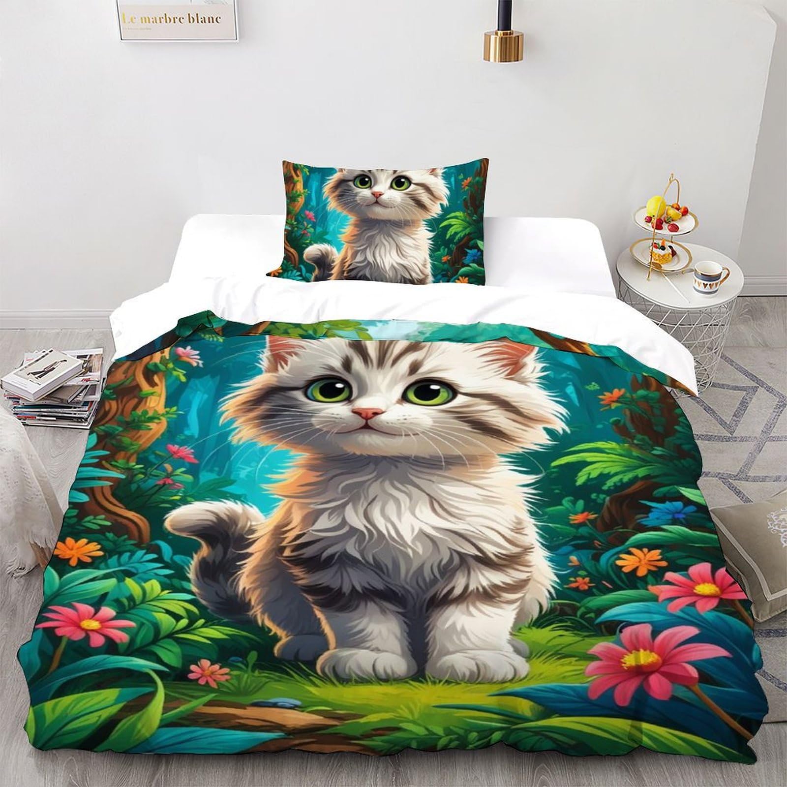 Housse de couette chat imprimé 3D animaux land microvisuelle 135x200 fermeture éclair