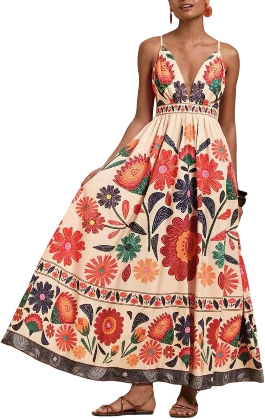 Women's Boho Print Dress Sleeveless Backless Halter High Waist A Line Vacation Beach Long Dress