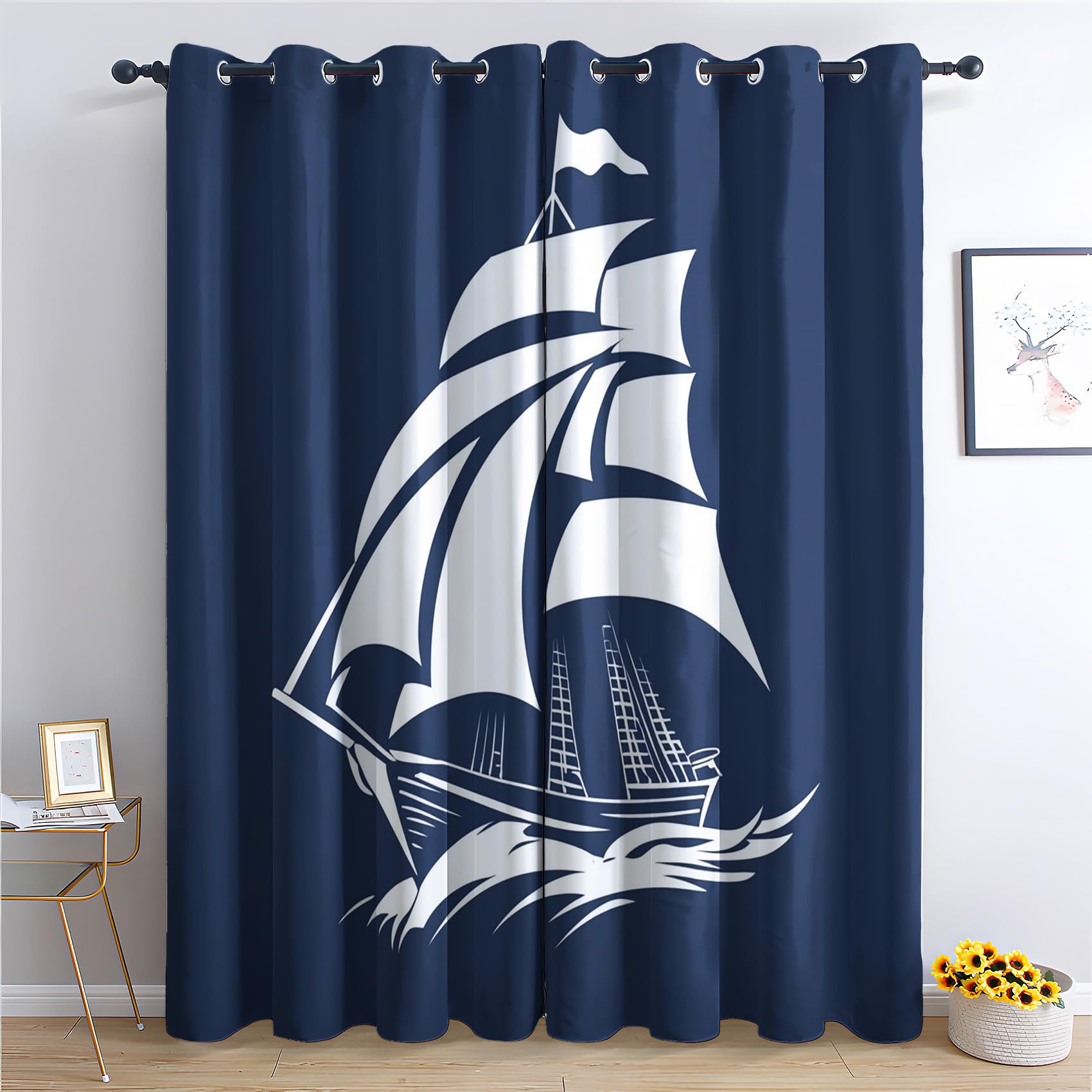 Rideau Occultant Nautique - Décoration Nautique, Rideau Thermique Motif Voilier Bleu Marine Bord de Mer, Lot de 2 Rideaux Opaque à Oeillets pour Fenetre Chambre Salon, 117x137 cm (LxH) Y#143