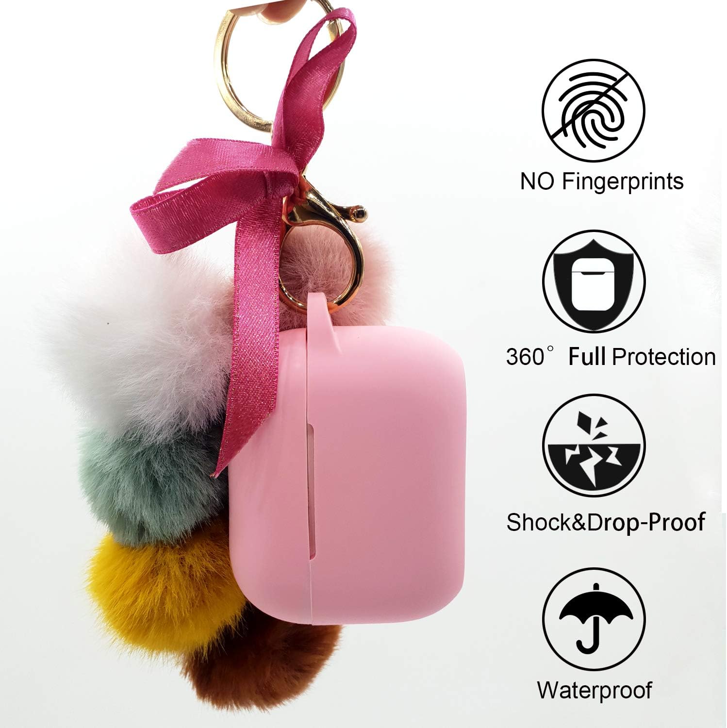 REEYEAR Cute Thick Silicone Case with Keychains for Airpod Pro Drop Proof Protective Case Drop Proof Case for Apple Headphone Charging Case with Colour Fluffy Tassel Fur Ball Keychains Pink