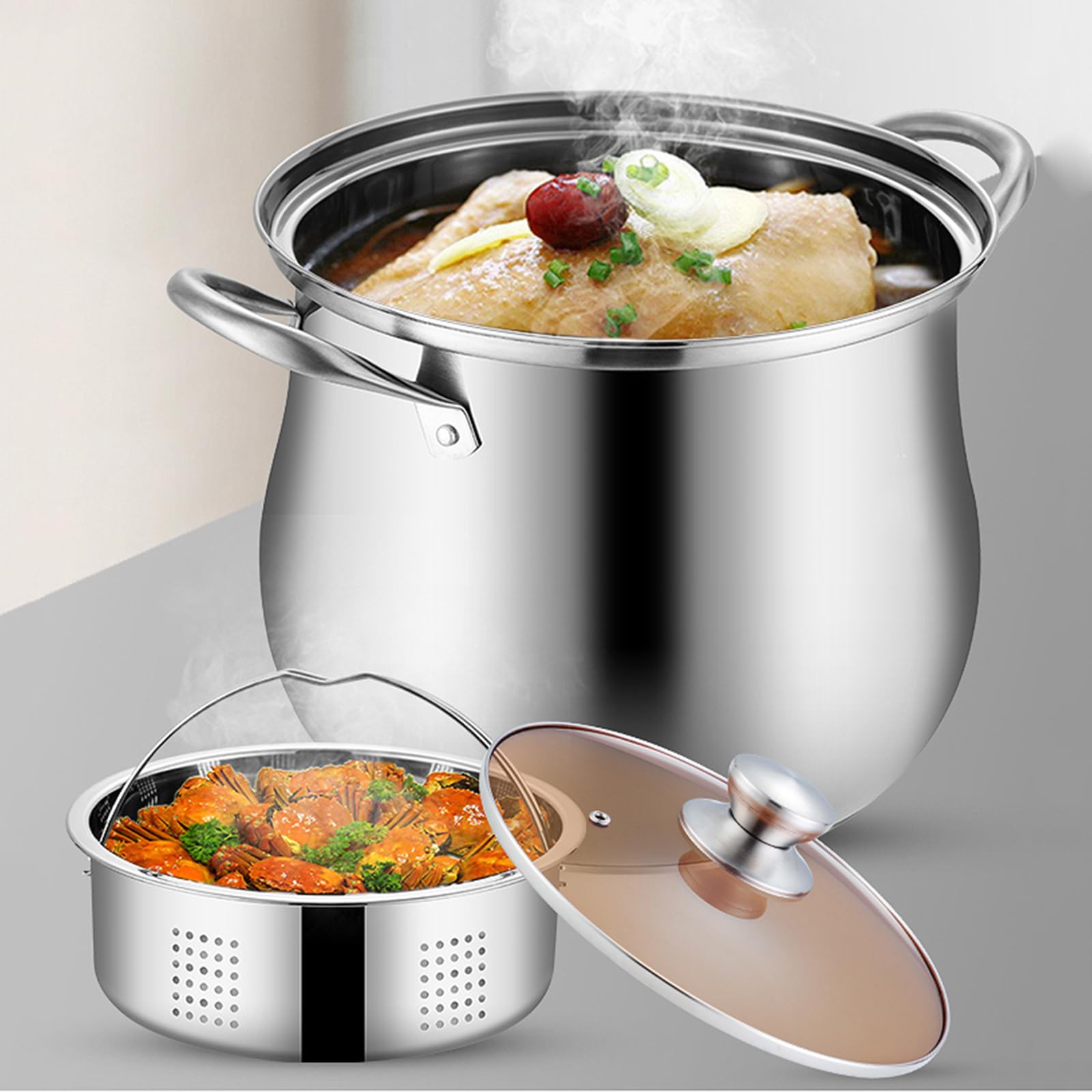 Olla de acero inoxidable con vapor, 24/26/28 cm, olla multiusos para cocinar salsas, pasta, pasta y mariscos (24 cm)
