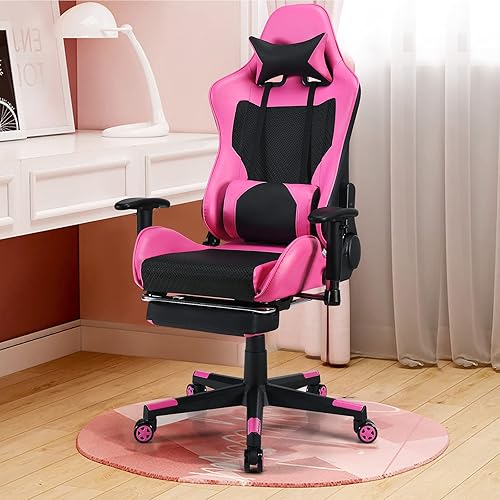 Miniatura 2 de POWERSTONE Silla de juegos - Silla de jugador rosa con reposapiés, silla de computadora de deportes electrónicos de carreras, silla de masaje lumbar