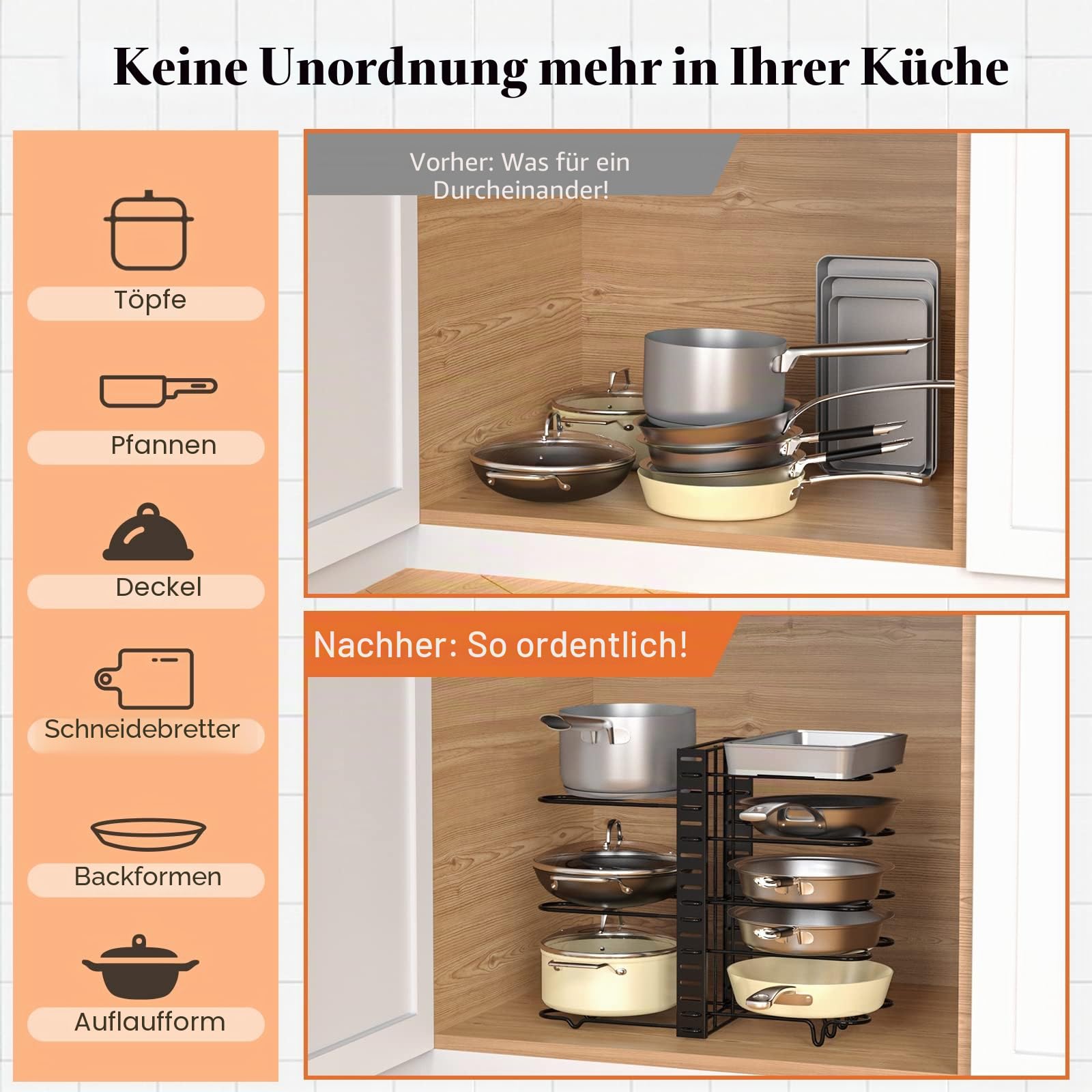 Housolution Pfannenhalter für Schrank, Töpfe und Pfannen Aufbewahrung Organizer Topfdeckelhalter mit 2 DIY-Methoden, Pfannenständer Deckelhalter mit 8 Verstellbaren Rutschfest Teiler
