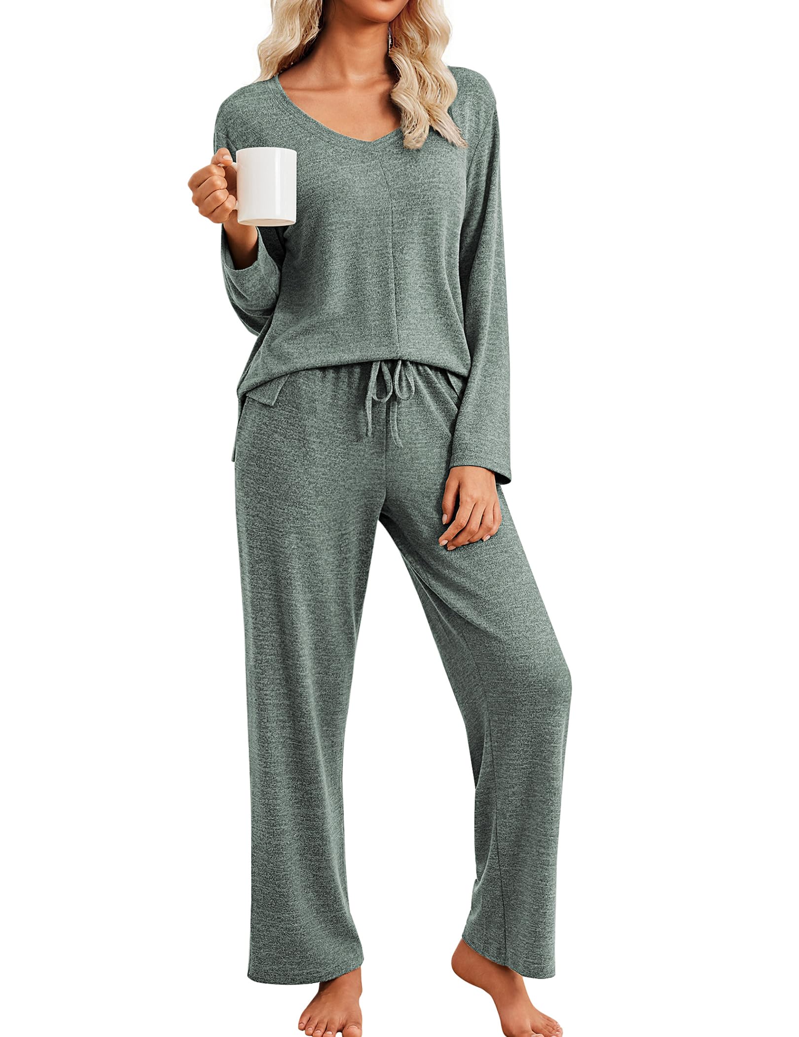 Ekouaer Pajamas for Women Set Long Sleeve 2 Piece Lounge Sets V Neck Matching Pjs Soft Sleepwear Fall