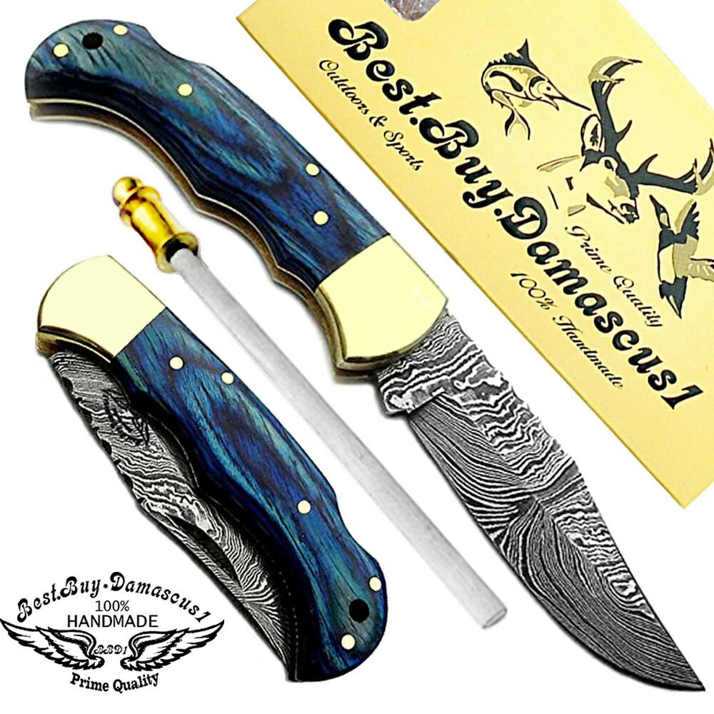 Damascus Steel knife Pocket Folding Knife 6.5" Blue Wooden Handel