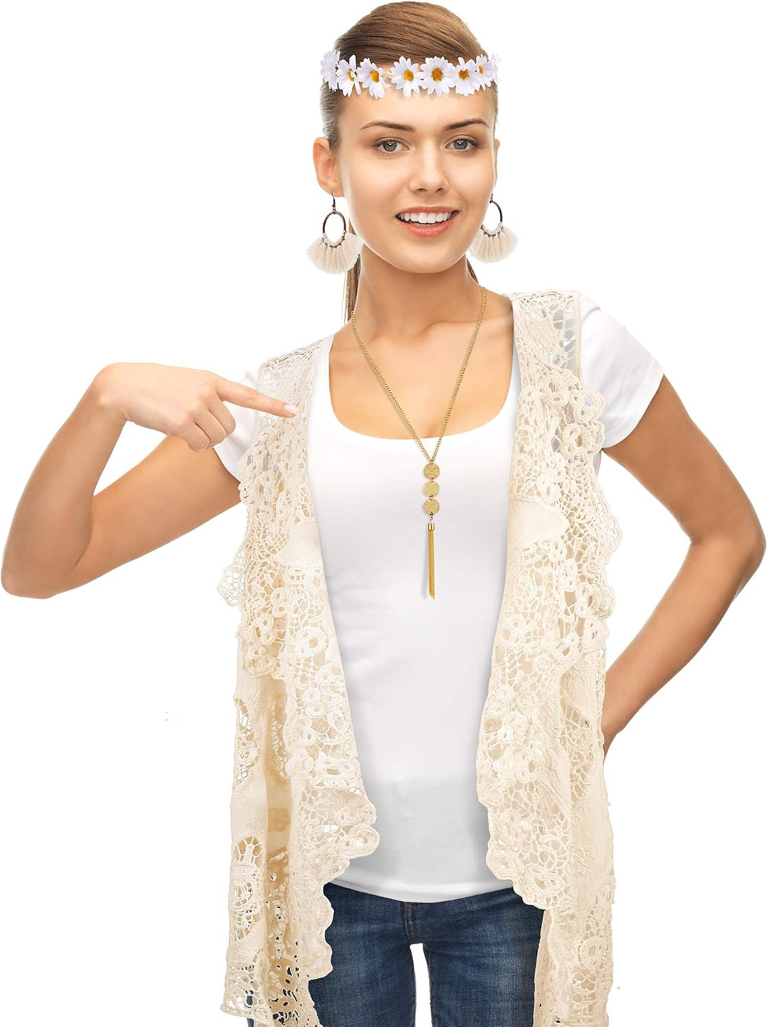 WILLBOND 4 Pcs Halloween 60s 70s Outfits for Women Hippie Costume 70s Costume Tops Accessories Women Fringe Hippie Vest