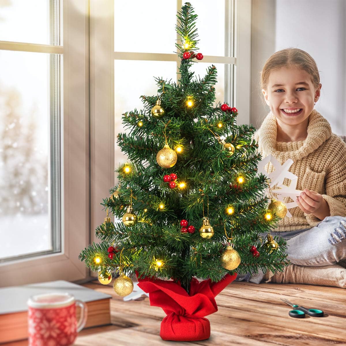 GiantexUK 2FT/60CM Mini Christmas Tree, Tabletop Artificial Xmas Tree with LED Lights & Cement Base, Portable Traditional Holiday Decoration and Gift (Green With Gold Balls & Red Berries & 15 Lights)