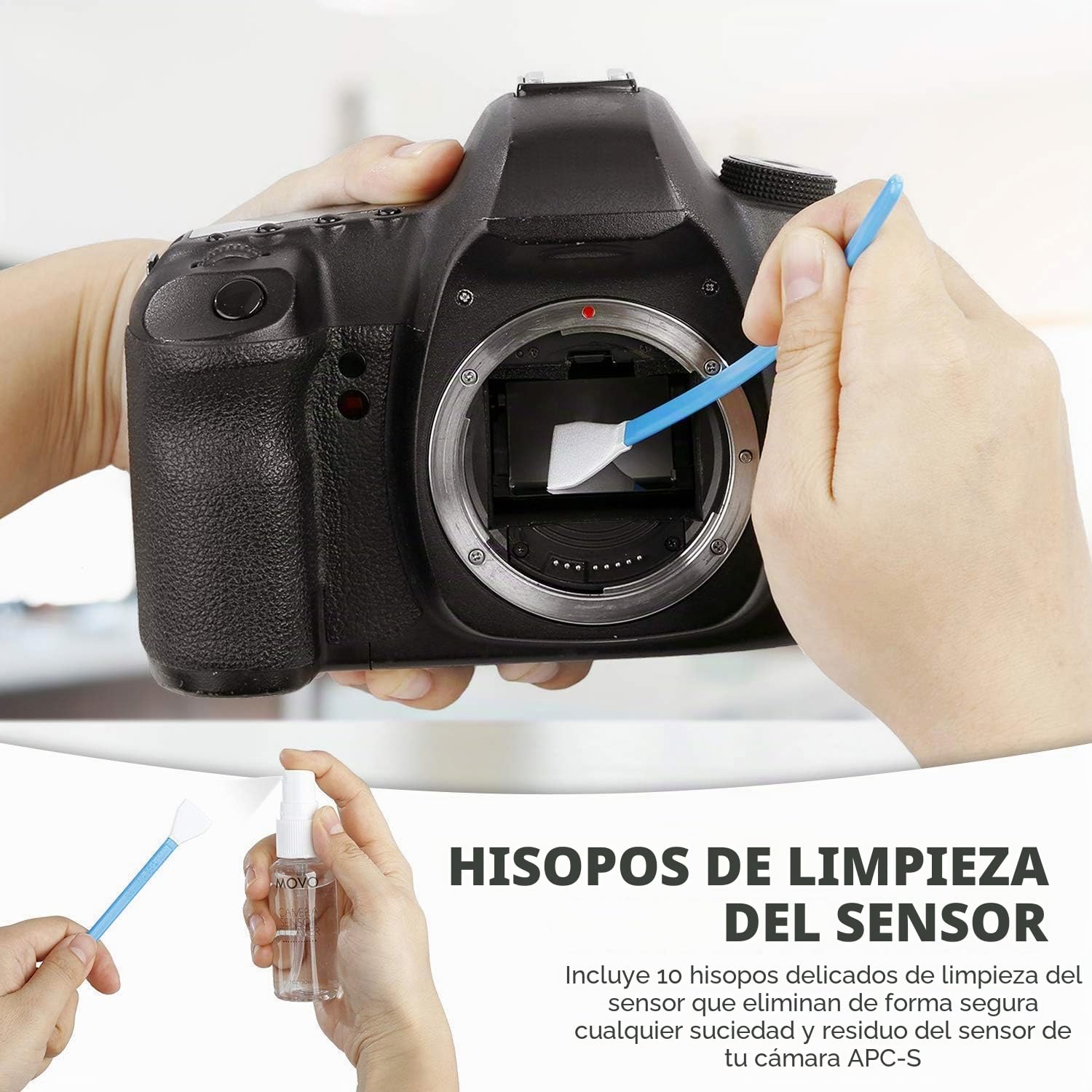 Kit de Limpieza para Cámaras DSLR Movo Deluxe Essentials con 10 Bastoncillos para Sensores APS-C, Líquido Limpiador de Sensores, Pera de Aire Rocket, Lápiz para Lente