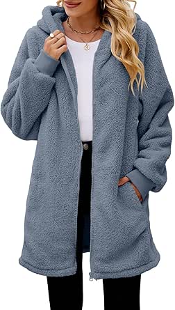 ReachMe Womens Oversized Zip Up Sherpa Jacket with Pockets Plaid Fleece Hoodie Winter Teddy Coat Outerwear