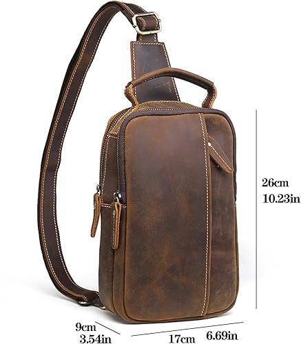 Miniatura 2 de KPYWZER Mochila cruzada de cuero genuino para hombre, bolsa de pecho, senderismo, viajes, mochila, #61Marrón Profundo, Vintage