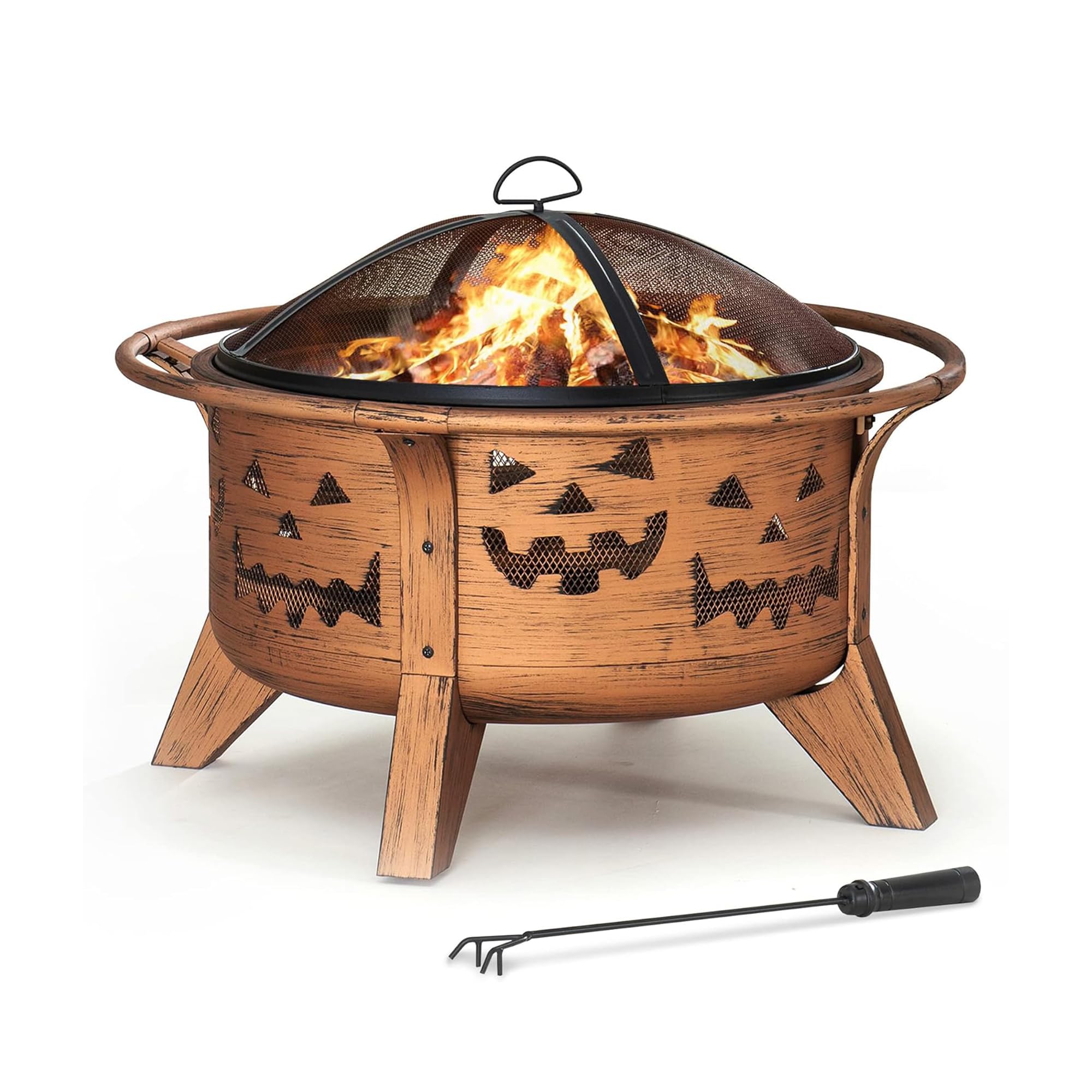 SUNJOY 76 cm Feuerstelle Outdoor Holzfeuerstelle Terrasse Jack-o-Lantern Motiv Runde Stahl Große Feuerstellen für Draußen mit Funkenschutz und Schürhaken