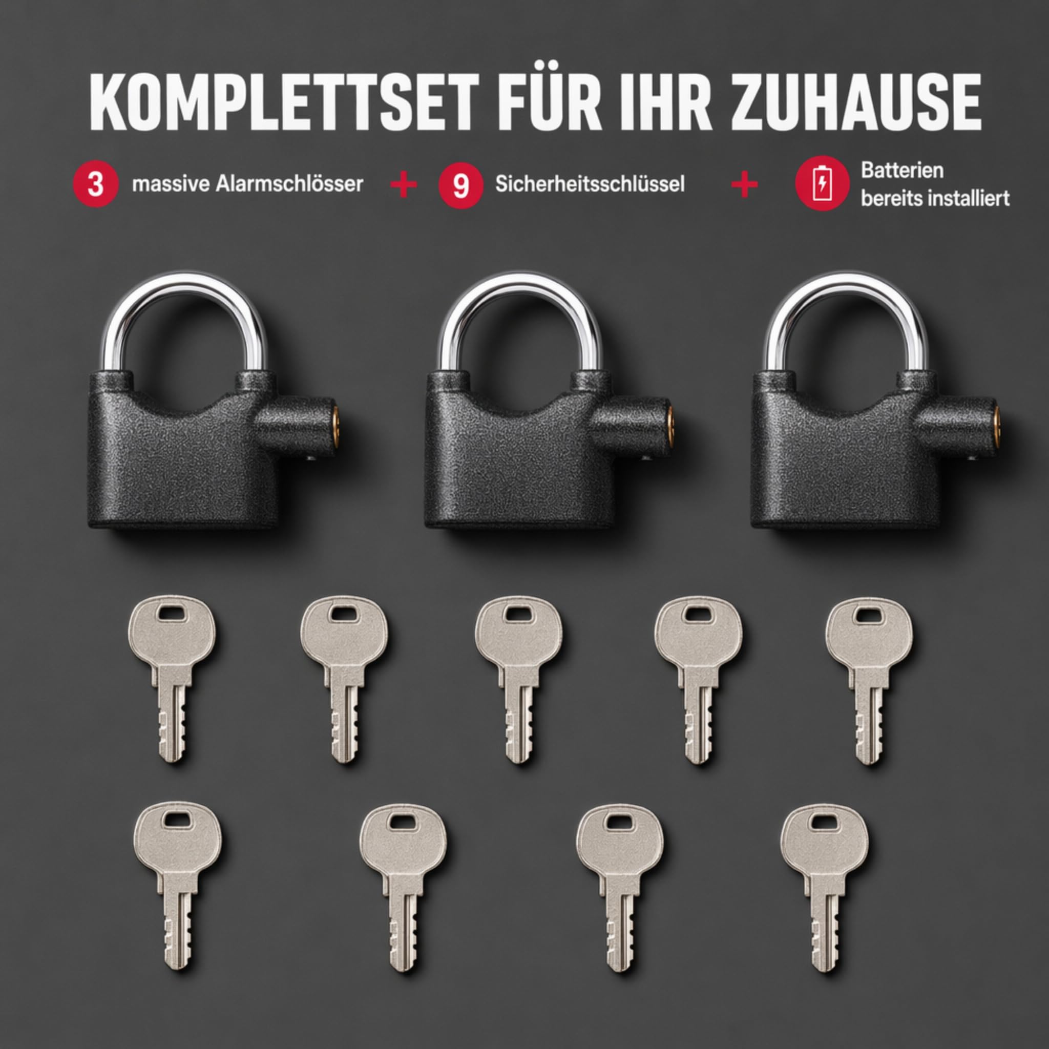 3 Stück Premium OLYMPIA S100 Alarmschloss mit Schlüssel - Korrosionsgeschützt Sicherheitszylinder - 100 dB Sirene | Alarmgesichertes Vorhängeschloss, Hangschloss | Großes Vorhang-Schloss mit Alarm