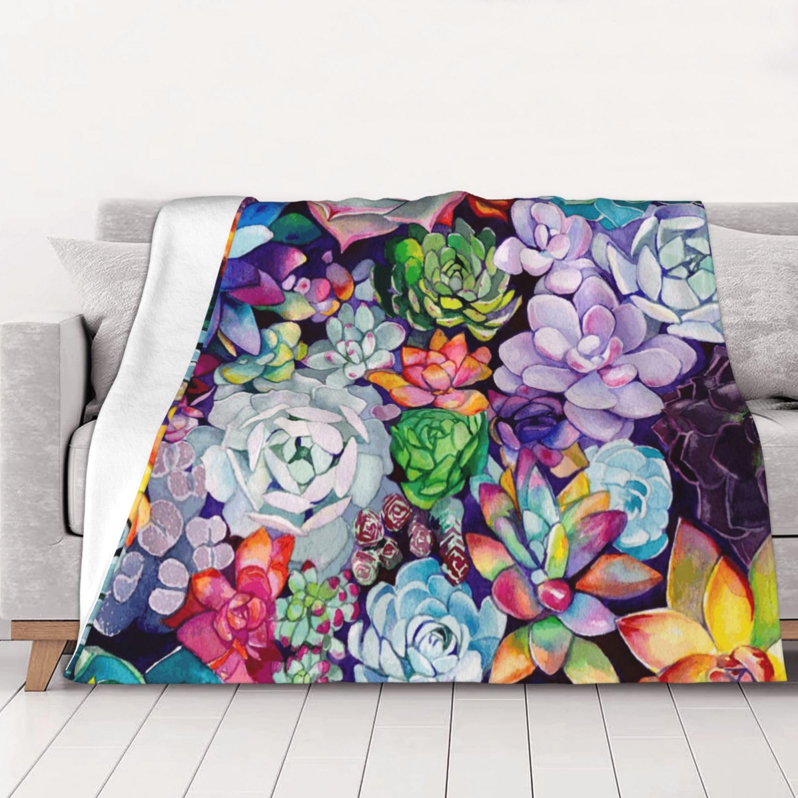 Couverture en flanelle succulente 150x125 cm plaid imprimé coloré et doux pour lit et canapé