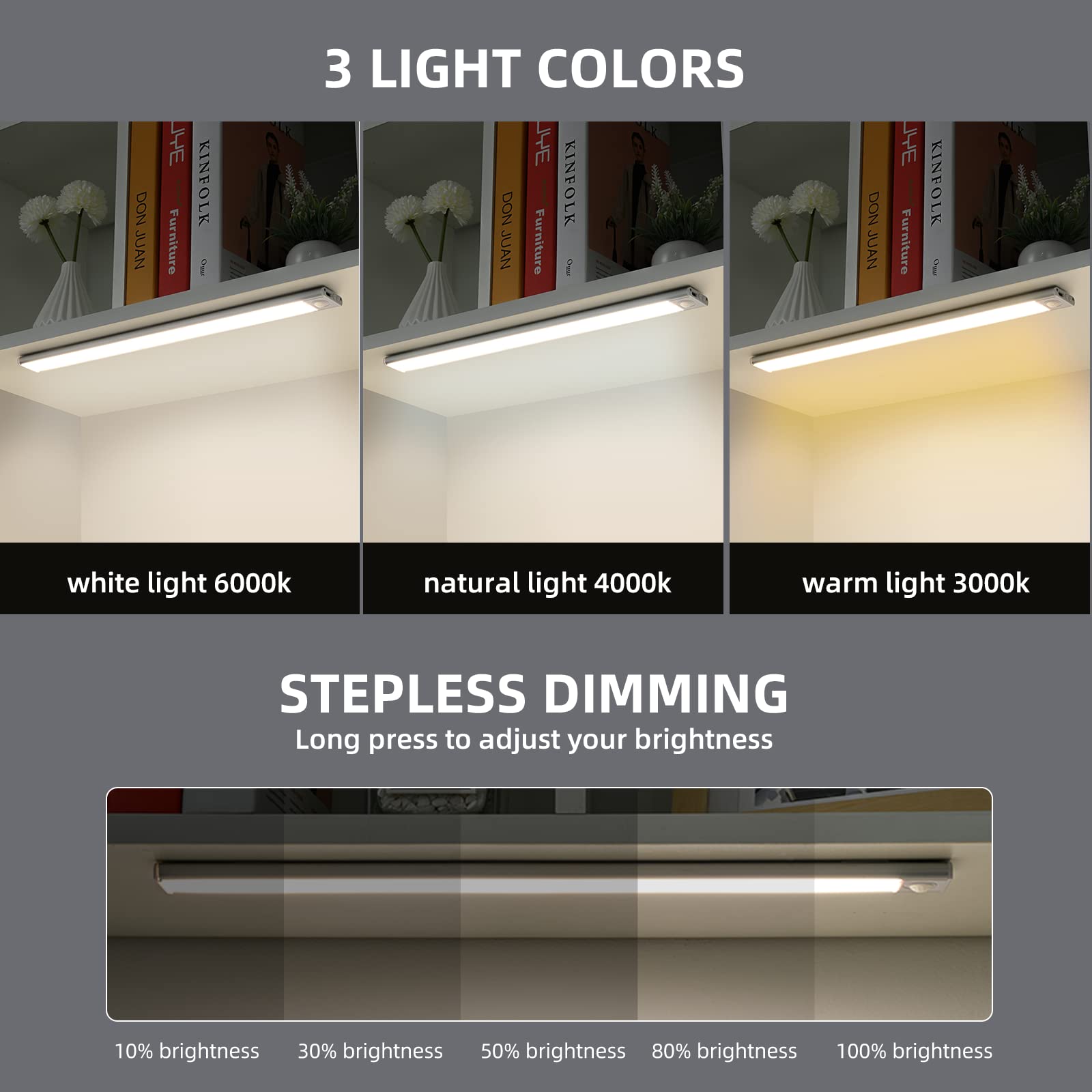 BEPOJOY Under Cabinet Lights, 1 Pack 12 inch Wireless Motion Sensor Light Indoor with 54 LED and 3 Colors Dimmable, Rechargeable Under Cabinet Lights for Kitchen, Bedroom, Stairs Closet