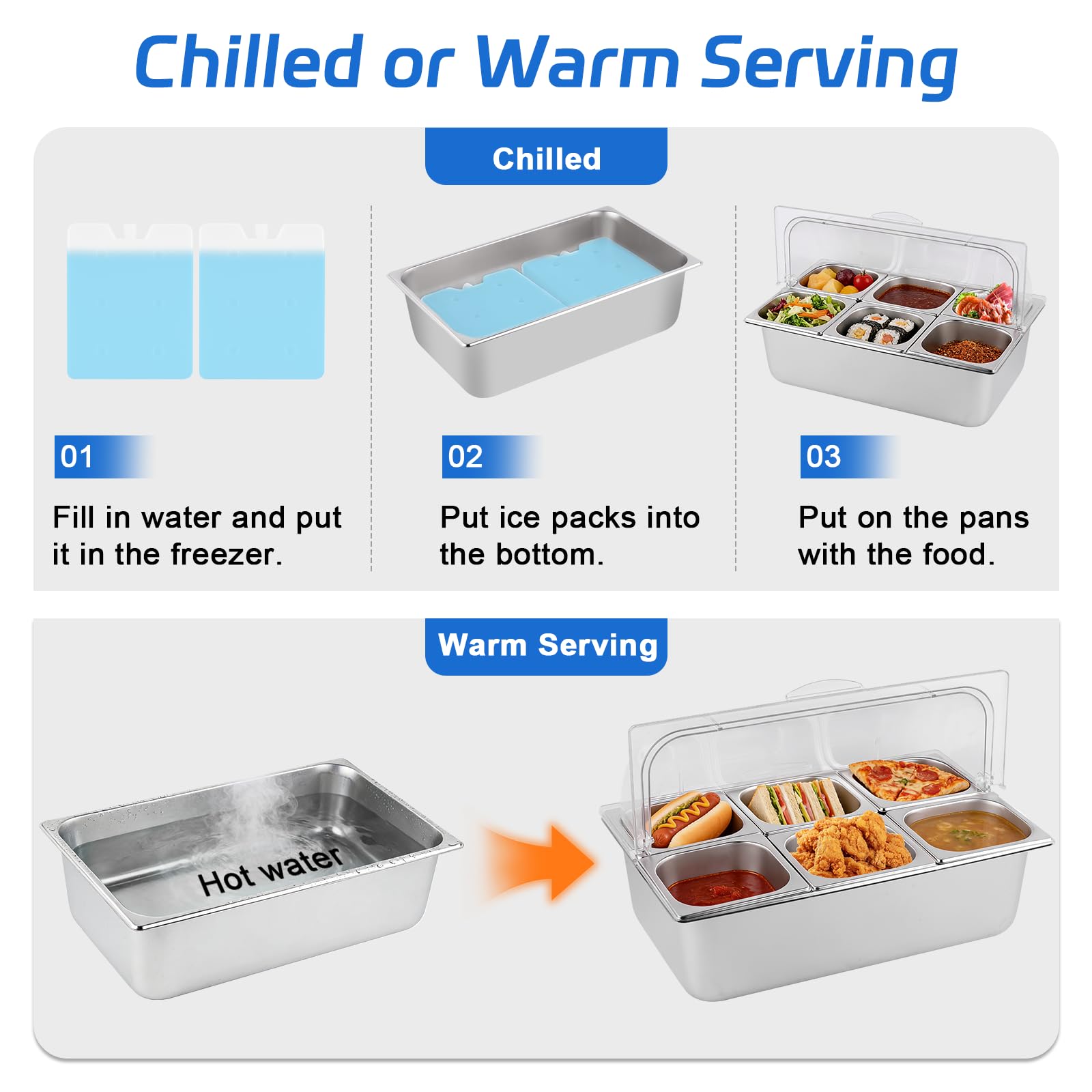 Dispensador de salsa de alimentos con estante de caja inferior de hielo, contenedores de acero inoxidable con cubierta superior enrollable, organizador de condimentos de ensalada (A)