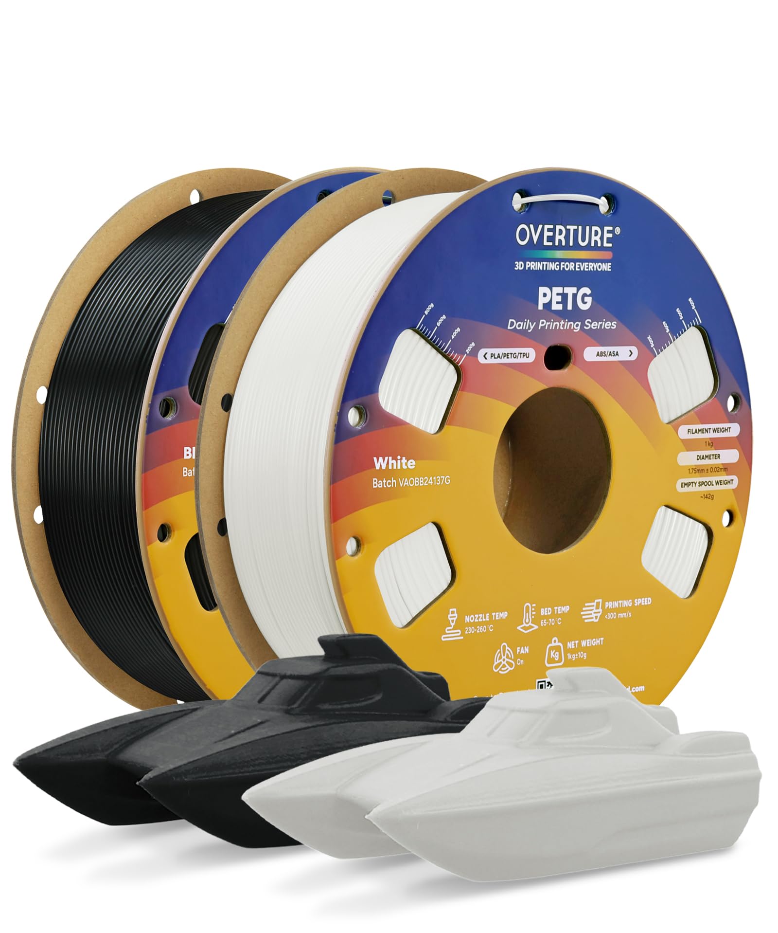 OVERTURE Filamento PETG 1.75mm, 2kg Bobina(4.4lbs), Neatly Wound Rapido PETG Filament per Stampante 3D, Precisione Dimensionale +/- 0.02 mm(Nero 1kg+Bianco 1kg)