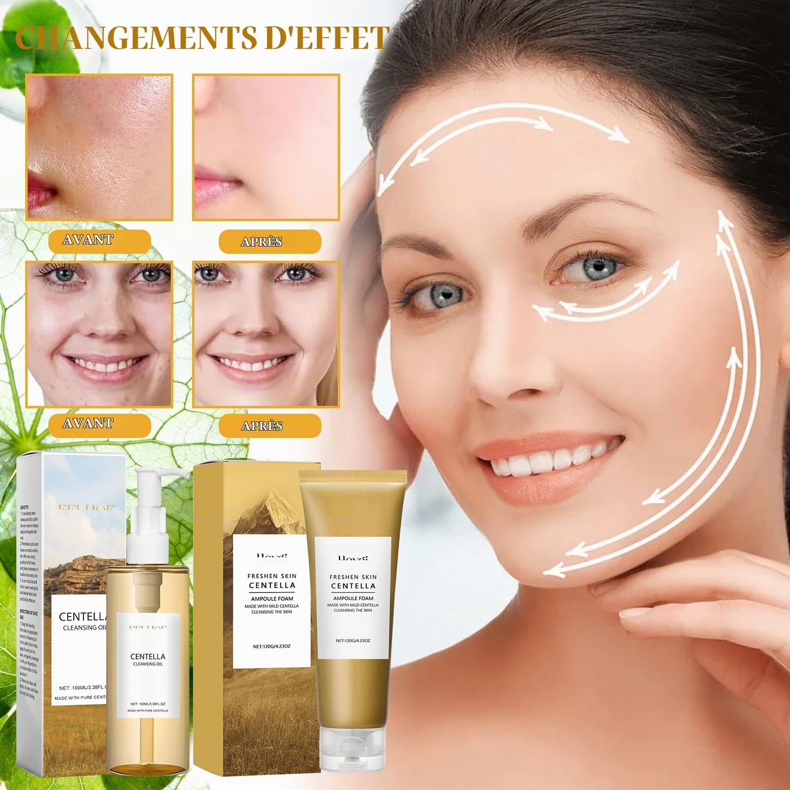 2 Pièces Centella Cleansing Oil + Centella Nettoyant Visage | Madagascar Centella Asiatica Extract, Pore Control Cleansing Oil, Pore Deep Cleansing, Convient aux peaux sensibles
