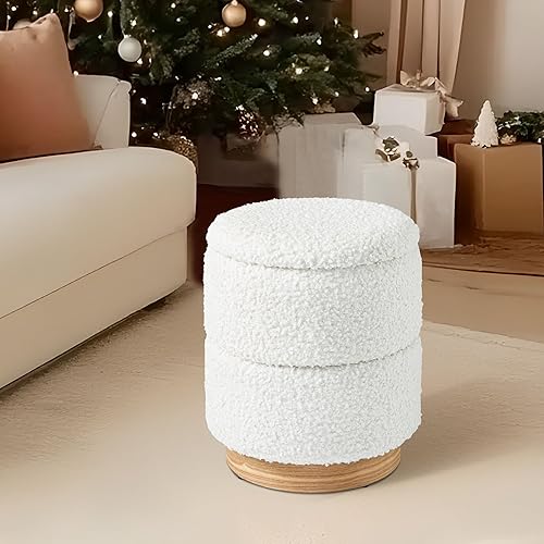 Miniatura 12 de Get Set Style Otomana redonda con almacenamiento, taburete otomano moderno Boucle tapizado con base de madera, silla de tocador, reposapiés, asiento