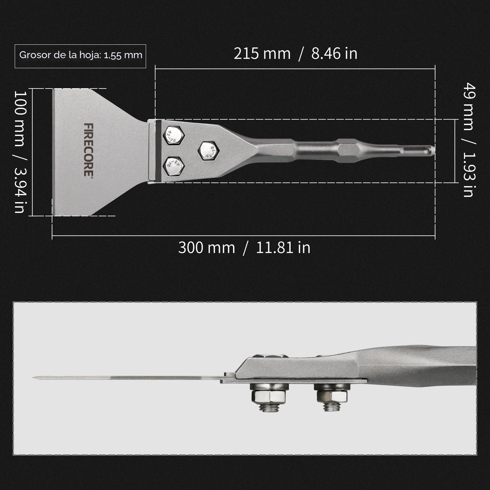 Firecore Cincel SDS PLUS, Espátula SDS PLUS, Raspador de Piso 100 * 300 mm para quitar baldosas, hormigón, mortero, compatible para Martillo Demoledor SDS PLUS - FS23412