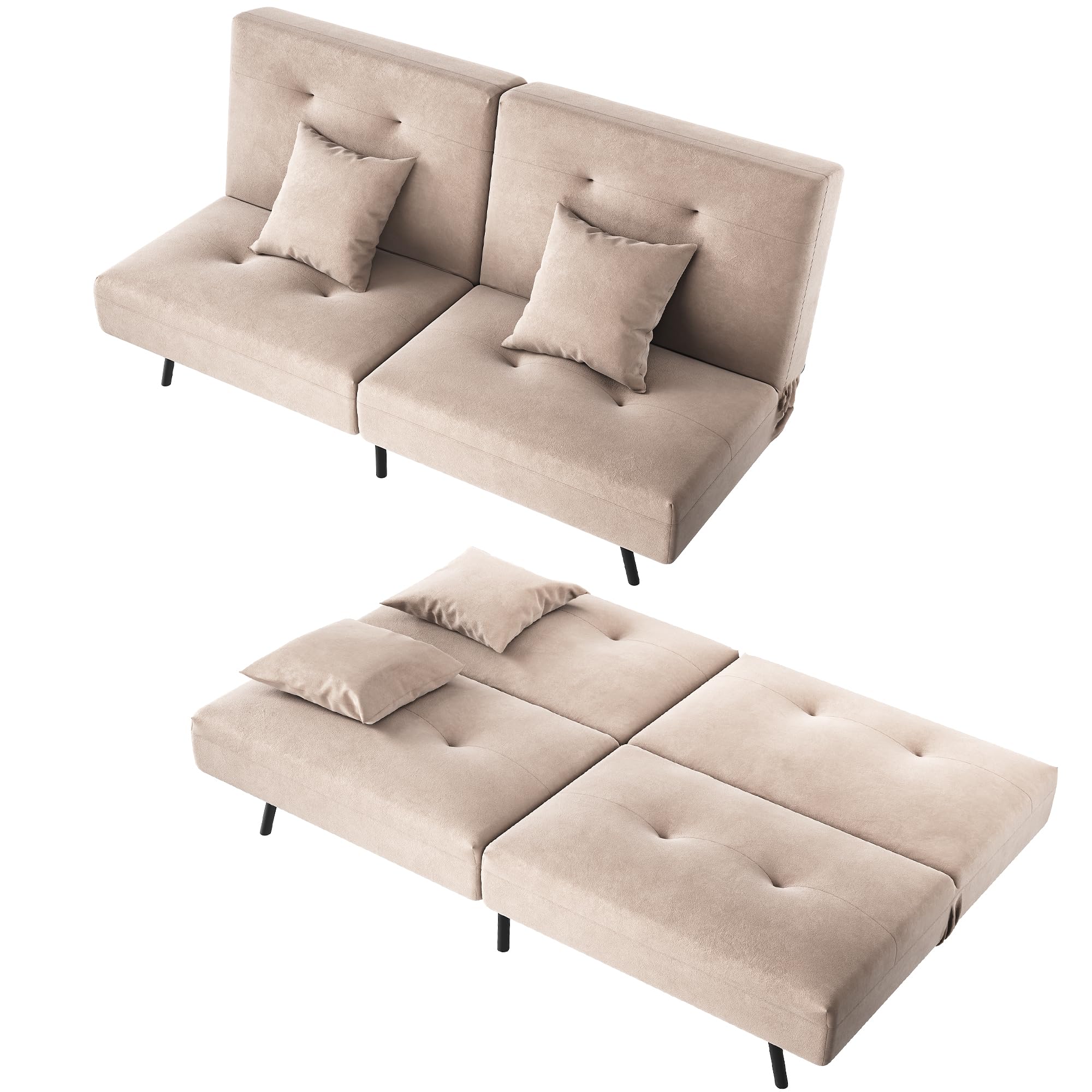 SONNI Sofá cama 3 en 1, sofá cama plegable con respaldo ajustable (100° 135° 180°), 2 cojines, función de sueño, terciopelo bebé, caqui, para salón, habitación de invitados y espacios pequeños, 180 x