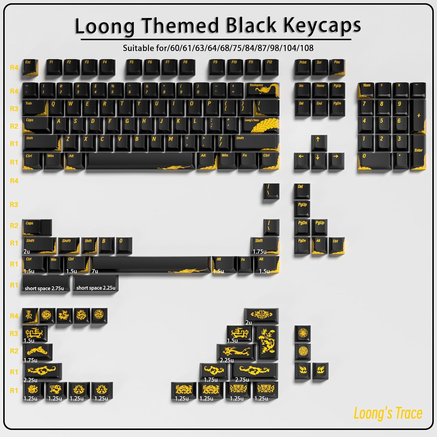 JSJT Black Keycaps - ABS Key Caps Cherry Profile Keycap Set, Loong Themed Keycap 155 Keys Suitable for 61/68/75/84/87/98/100 ANSI/ISO Layout Cherry MX Switches Mechanical Keyboards