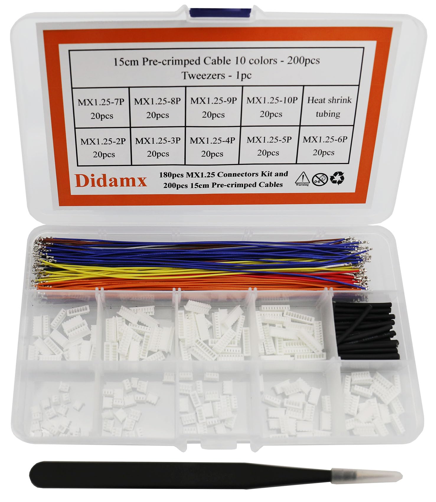 Didamx180Pcs MX 1.25mm 2/3/4/5/6/7/8/9/10 Pin Connector Plug Kit and 200Pcs 10 Colors 15cm Pre-Crimped Cables Compatible with JST Molex PicoBlade 1.25mm Connectors