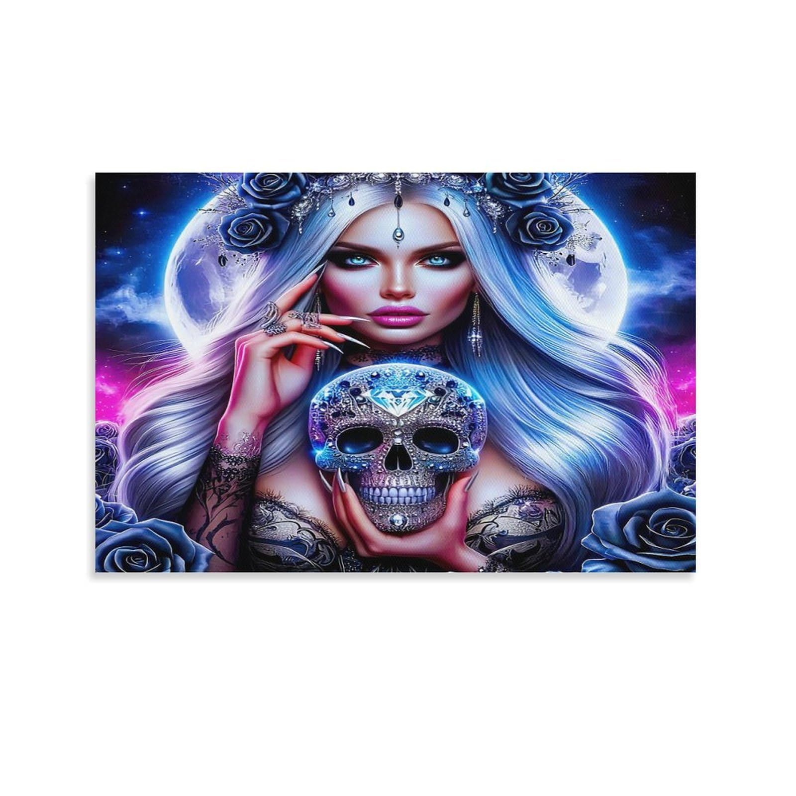 CPLVKWRQJ Skull Single Silver Hair Lady Holding Jeweled Skull Roses Framed Wall Art - Living Room Focal Point Ready to Hang Fade Resistant Wall Artwork 16x24inch(40x60cm)