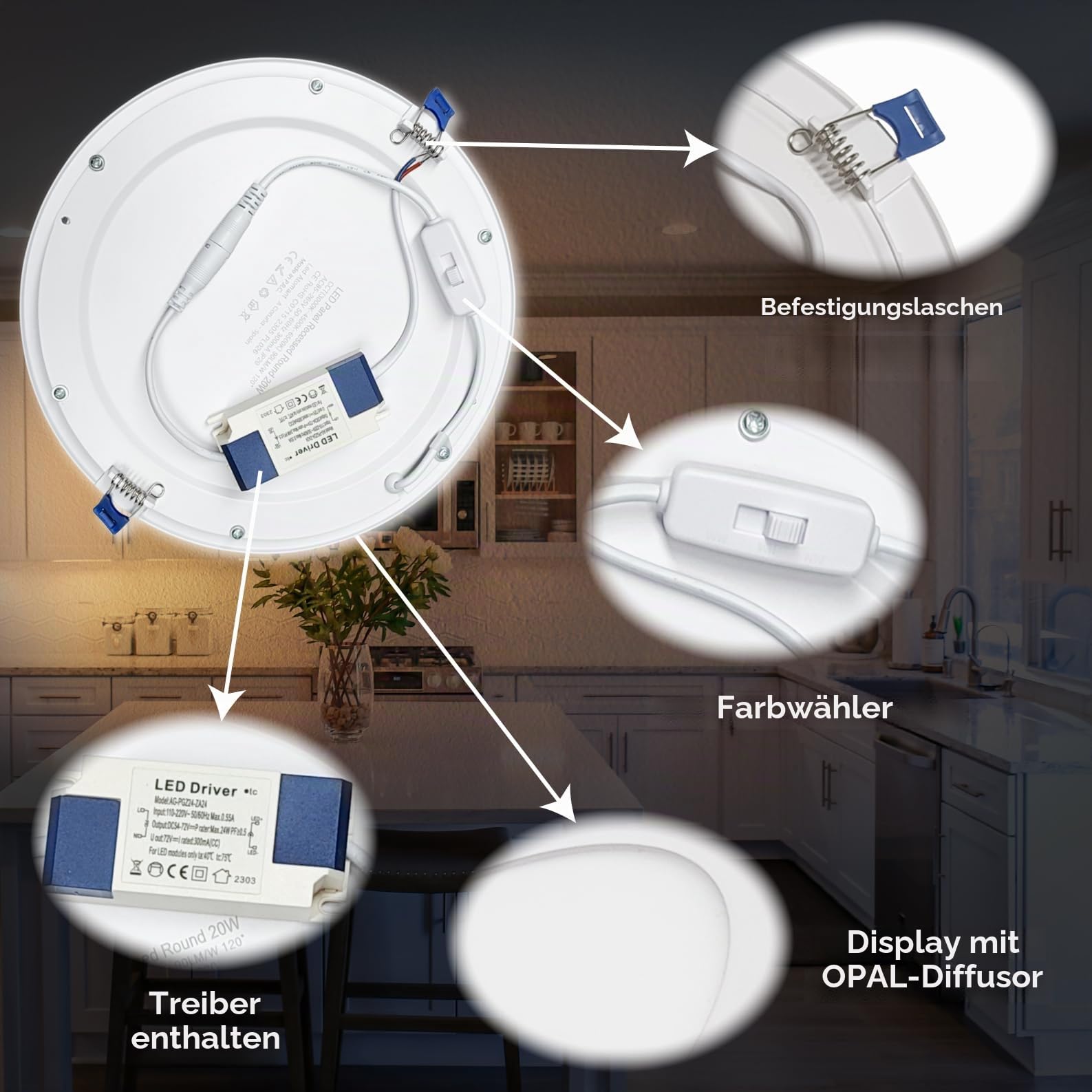 LED ATOMANT Packung mit 10 LED Einbaustrahler Downlight Rund Flach 220mm 20W, CCT (Farbwahlschalter Warmweiß, Neutralweiß oder Kaltweiß), Durchmesser 200mm, 1800 Lumen, Inklusive Treiber