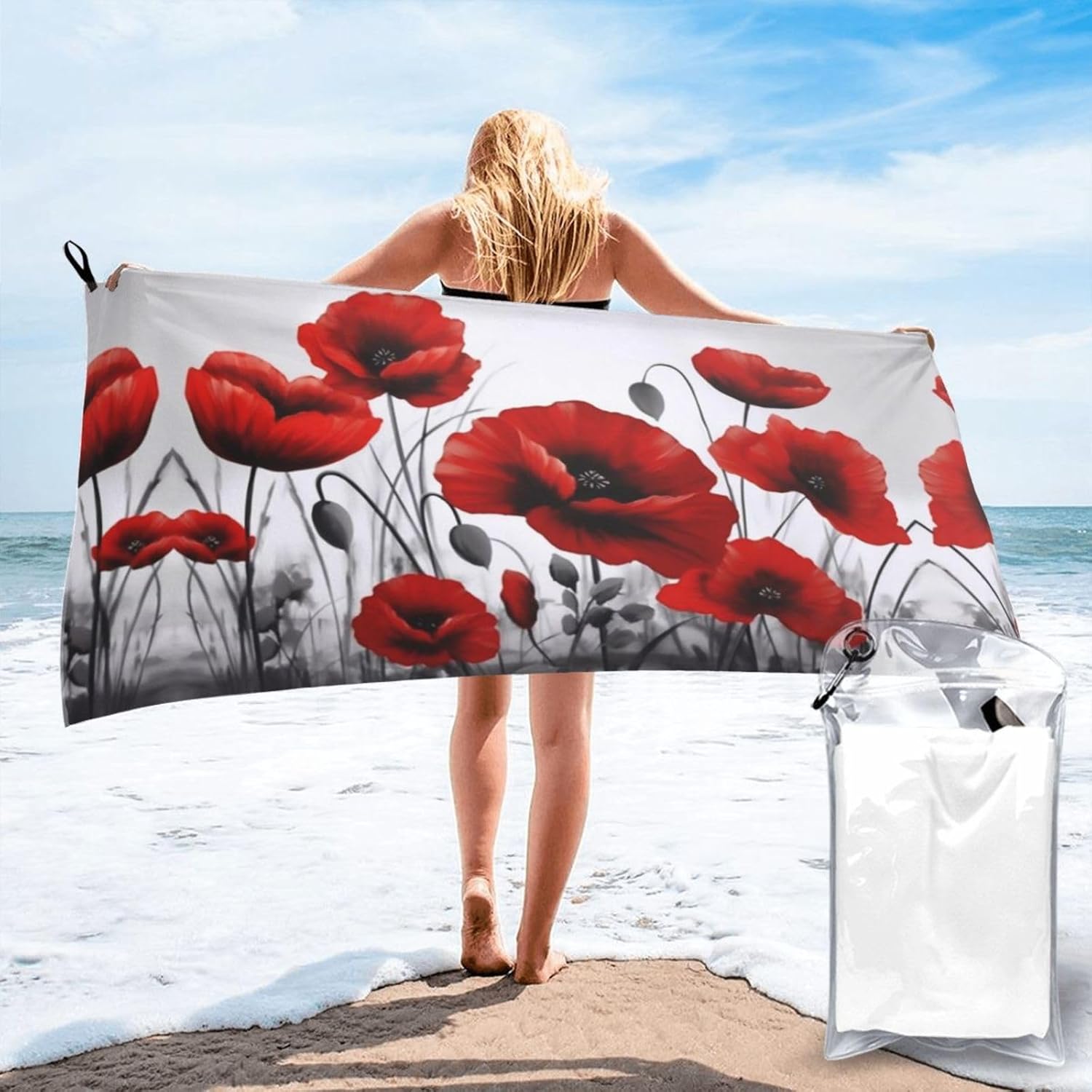 Red Flower Print Quick Dry Towel with Hanging Loop and Storage Bag for Travel, Gym, Camping