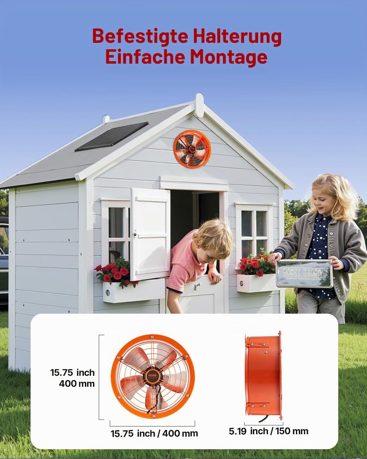 VEVOR Solar Ventilator, 400 x 150 mm, Solar Powered Fan, Dachbodenabluftventilator mit einstellbarem Thermostat, Außengitter, 1300 CFM Luftstromkapazität, für Giebel, Dach, Garage, Werkstatt