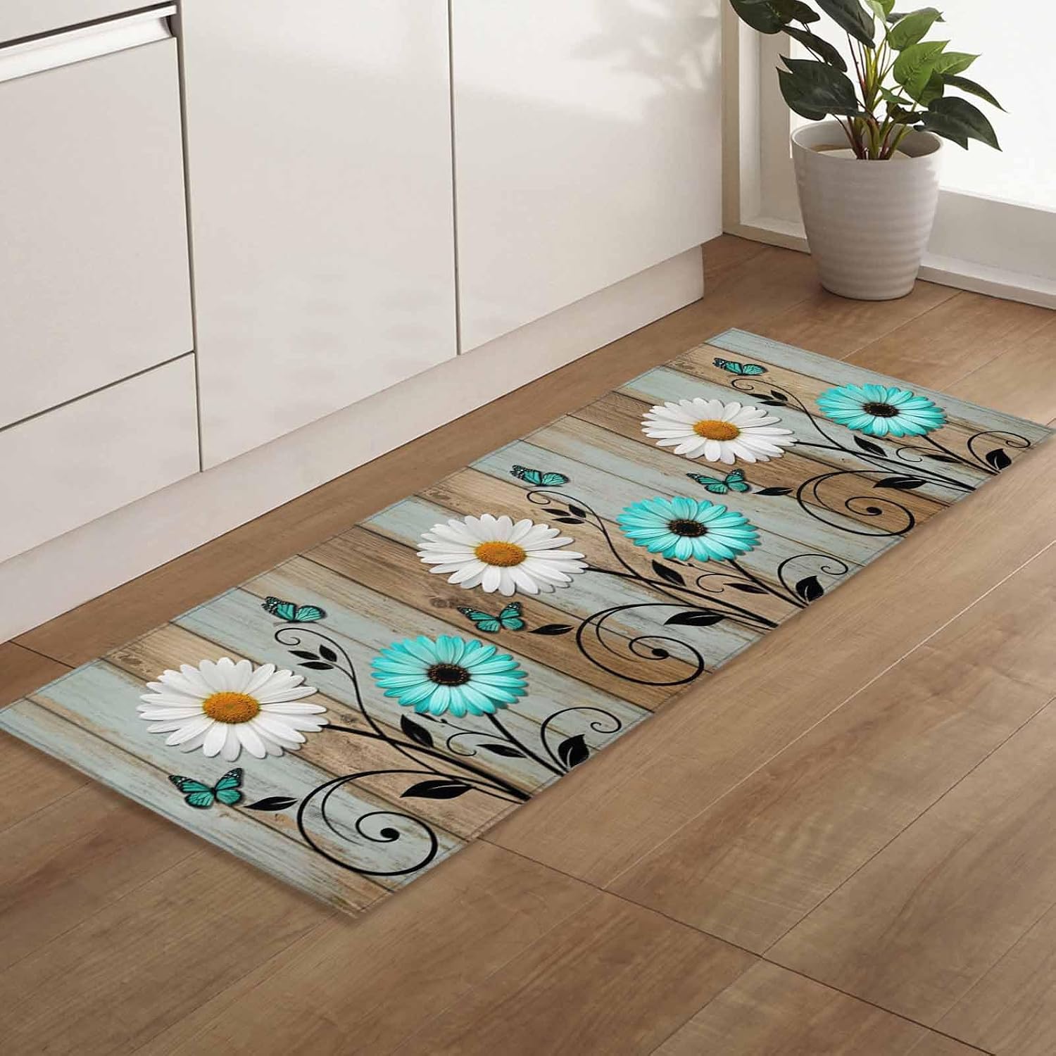 Kitchen Mats for Floor Summer White Teal Daisy Flower Washable Non Slip Kitchen Rugs 1PCS, Farmhouse Butterfly Wood Board Absorbent Standing Mats for Sink Bathroom Office Living Room 15.7x47.2in