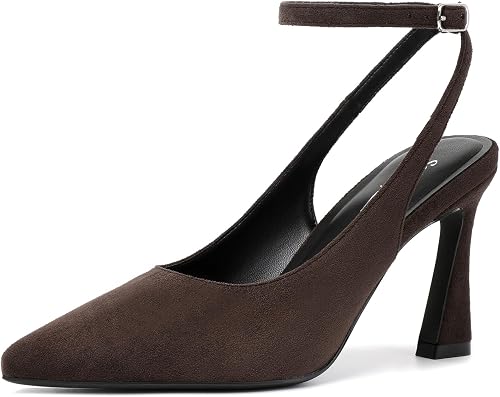 Susanny Brown Suede Heels for Women Closed Pointed Toe Slingback Pumps 10.5