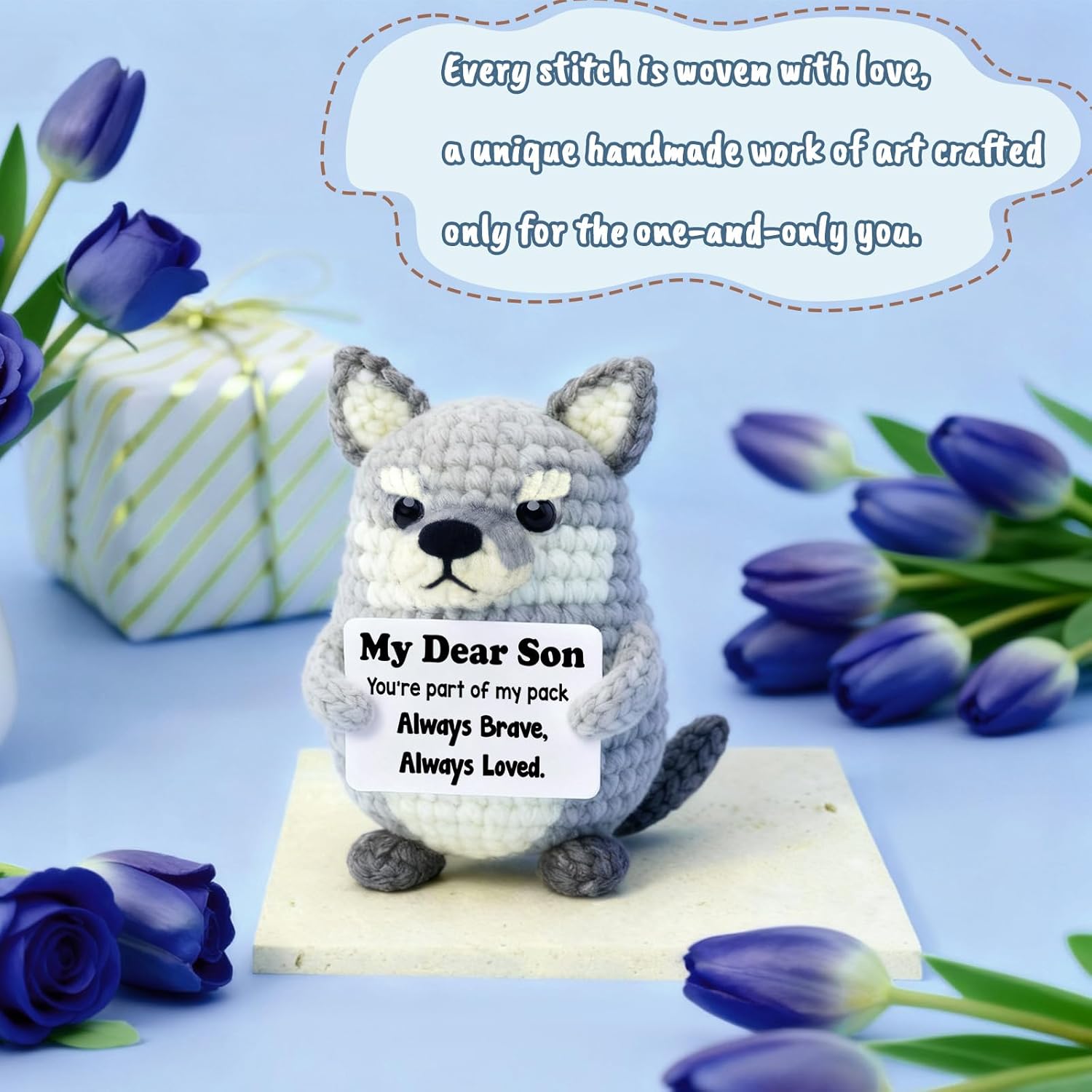 Valentine’s Day Gift for Son or Teen Boys from Mom or Dad – Handmade Crochet Wolf Plush with Encouragement Card, Cute Small Stuffed Animal for Boys, 3 inch Mini Desk Décor