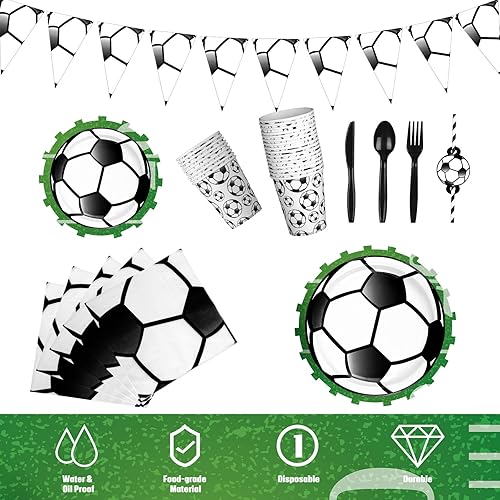 Miniatura 3 de Mifoci Juego de 129 piezas de suministros de fiesta de fútbol, incluye platos de papel de fútbol de 9 pulgadas, platos de 7 pulgadas, tazas,
