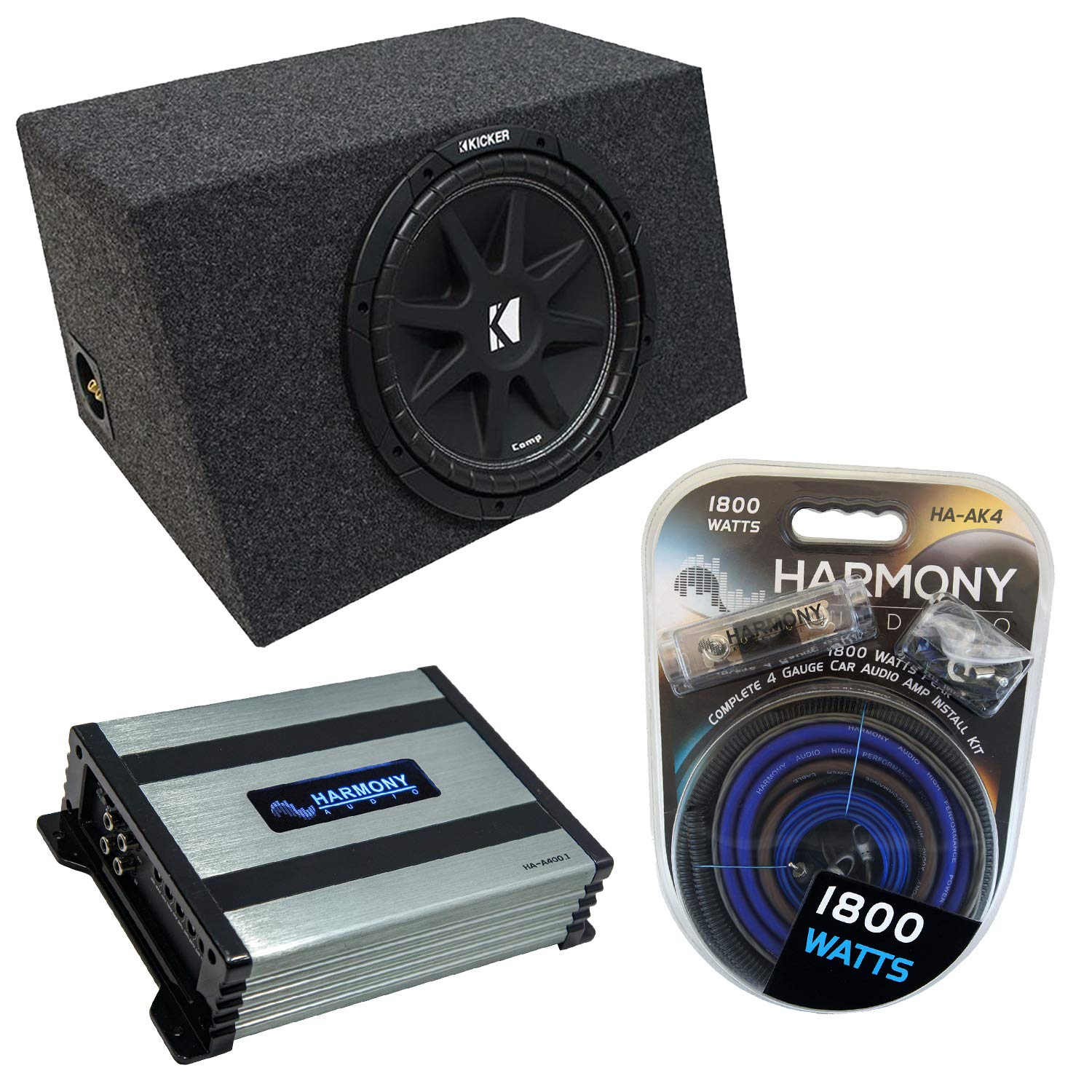 Universal Car Stereo Hatchback Sealed Single 12" Kicker Bundle Comp C12 Sub Box Enclosure & Harmony HA-A400.1 Amp