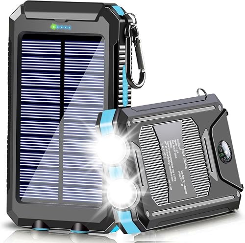 Cargador solar de 39800 mAh, cargador de teléfono portátil, cargador rápido, puerto USB dual, linterna LED integrada y brújula para todos los