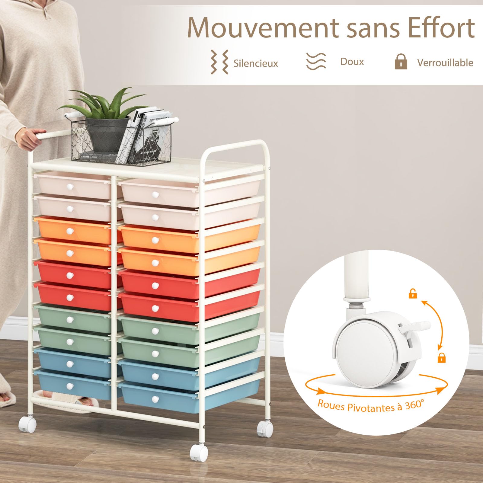 COSTWAY Chariot de Rangement à Roulette 20 Tiroirs en PP, Tour de Rangement avec Tablette, Cadre en Métal, Desserte Meuble Tiroir pour Cuisine Salle de Bain École (XL | 20 tiroirs,Multicolore)