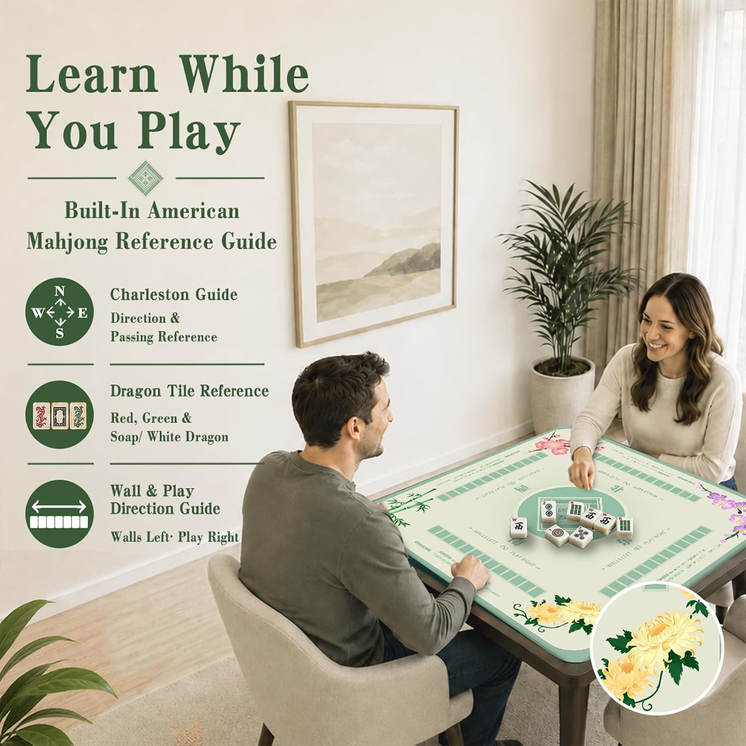 UJoowalk 31.5" Mahjong Mat with Rules, 3mm Stitched Floral Rubber Game Pad image 4