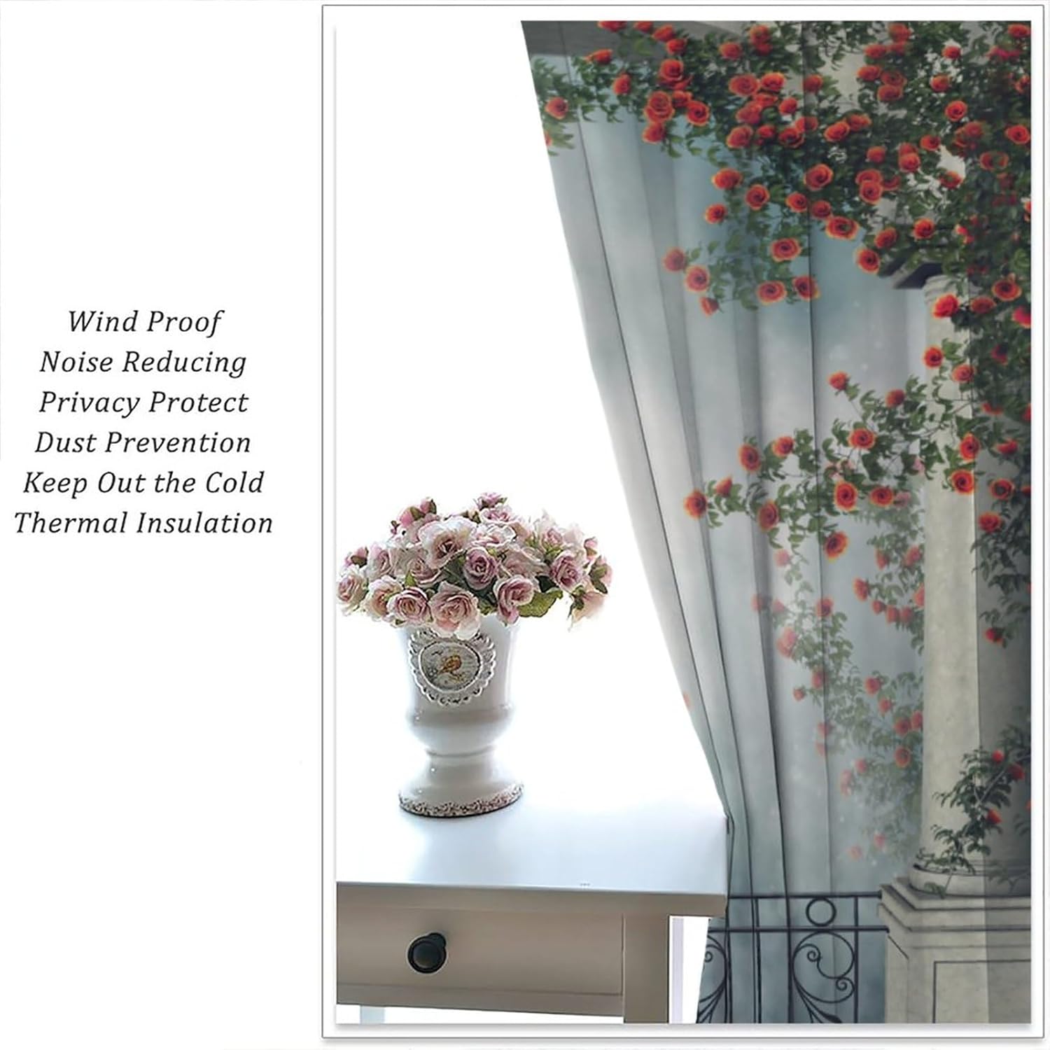 Romantic Gothic Garden Curtains, Marble Arch with Blooming Bright Red Flowers Dim Moon, Thermal Insulation Blackout Rod Pocket Window Treatments for Living Room Bedroom Bathroom (21x45in) x2 Panels