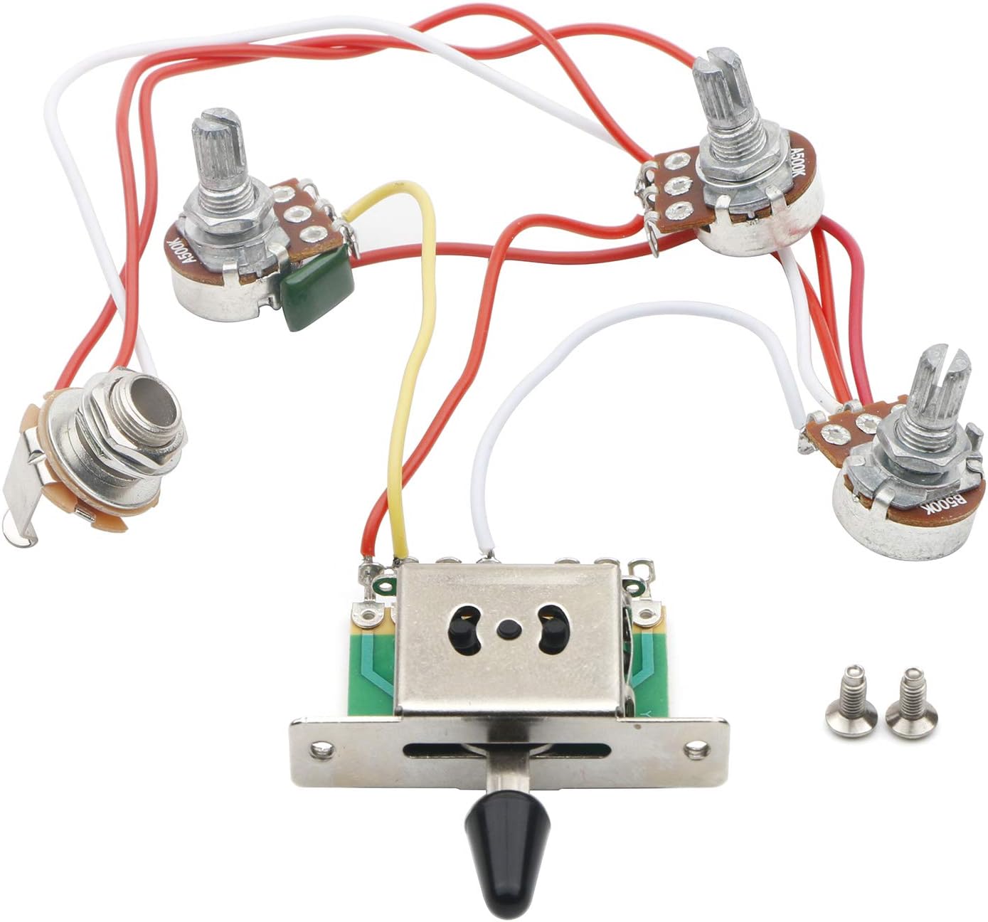 Strat Guitar Wiring Harness Prewired 3X 500k Pots 1 Volume 2 Tone Control Knobs 5 Way Switch