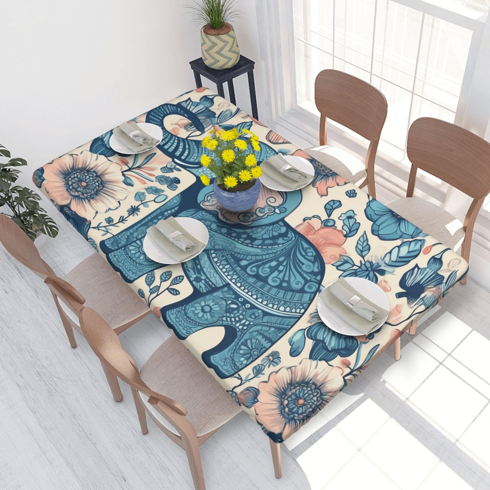Elephant And Flower Waterproof Square Table Cover Elastic Fitted Tablecloth Oil Proof Table Protector For 4ft Table