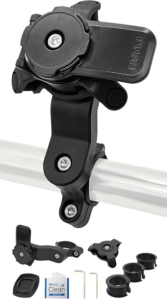クアッドロック quad lock 互換品 原付 スマホホルダー バイク 衝撃吸収ダンパー 日本語説明書 付き 原付き スクーター バイク用スマホホルダー 自転車 全機種対応 汎用タイプ ツイスト&ロック方式 ハンドルバーやクランプバーに取付けるタイプ 【クリーナーシート付き】 (ブラック・ハンドルバー・衝撃吸収ダンパー付き①) - 1