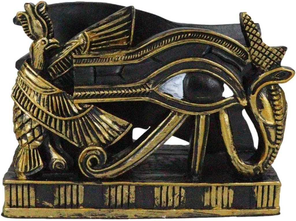 Ebros Gift Black and Gold Ancient Egyptian Wedjat Eye of Horus with Uraeus Cobra Sculptural Business Card Holder with Hieroglyphs Historical Dynasty Gods of Egypt Figurine