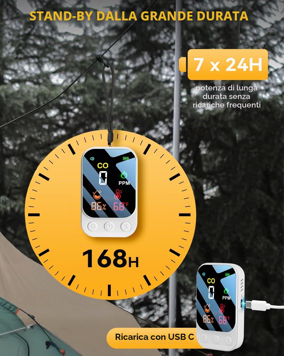 3 in 1 Rilevatore di Monossido di Carbonio Portatile Co Allarme Rilevatore Monossido di Carbonio Ricaricabile con Temperatura Umidità Allarme Acustico e Visivo per Camper e Campeggio Viaggi