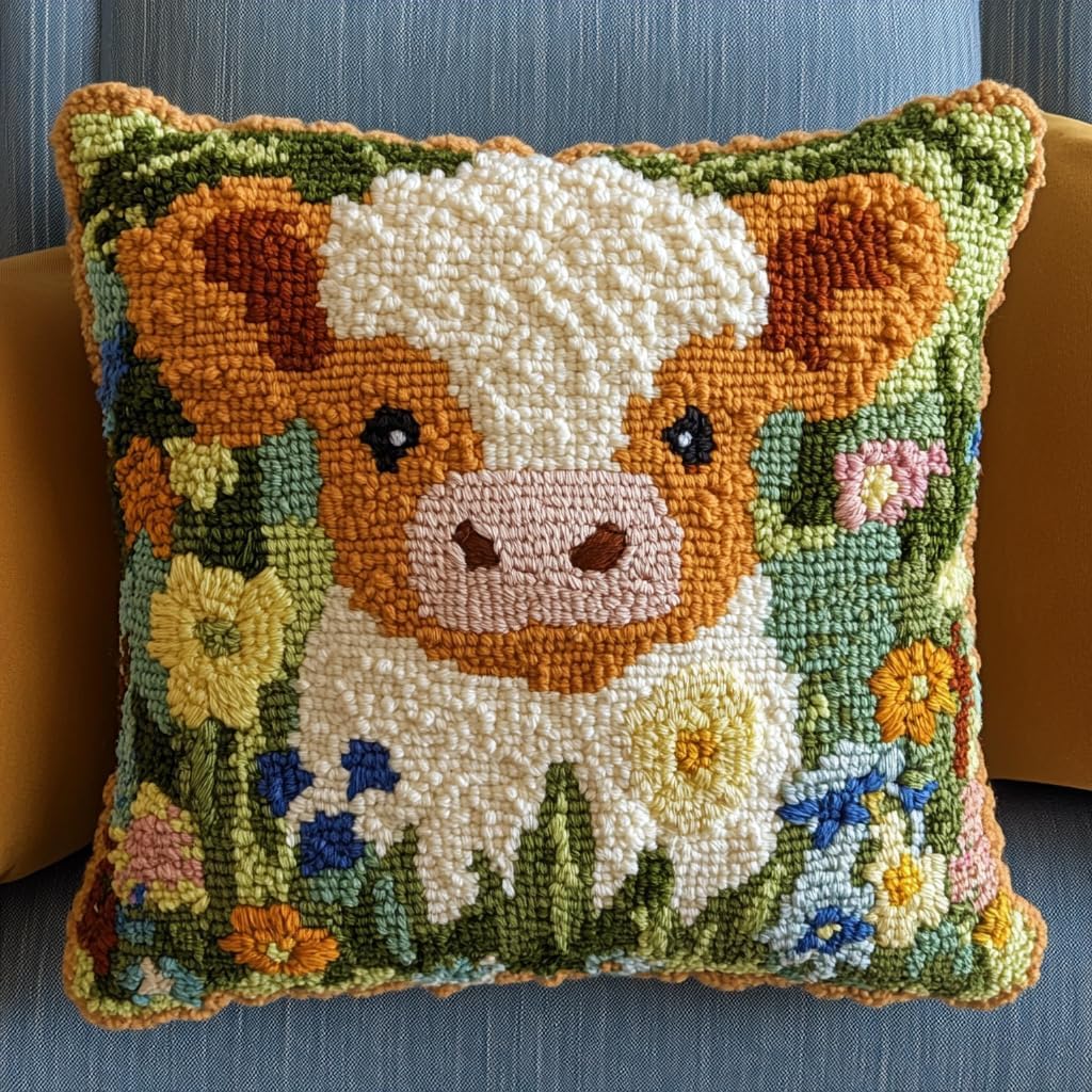 DIY Punch Needle Pillow Kit Cute Highland Cow and Wild Flowers with Pattern and Hoop Handmade Embroidery Punch Needle Starter Pillowcase Set for Home Sofa Decor 43x43cm-1-13
